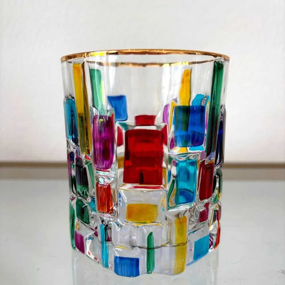 Hand Painted Italian Murano Crystal Whiskey Glasses 2pc 10oz Colorful Mosaic